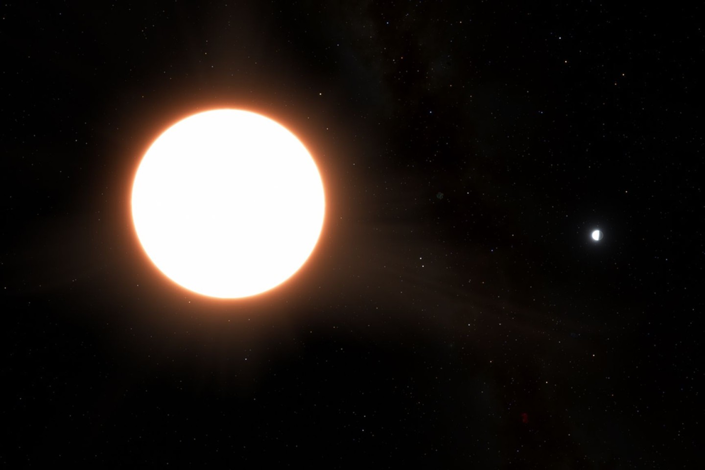 Die grafische Darstellung zeigt, wie der Exoplanet LTT9779b (rechts) um seinen Heimatstern kreist.