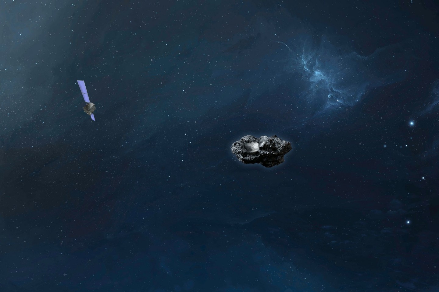Die Computersimulation zeigt die Sonde «Hera» im Anflug auf den Asteroiden Didymoon.