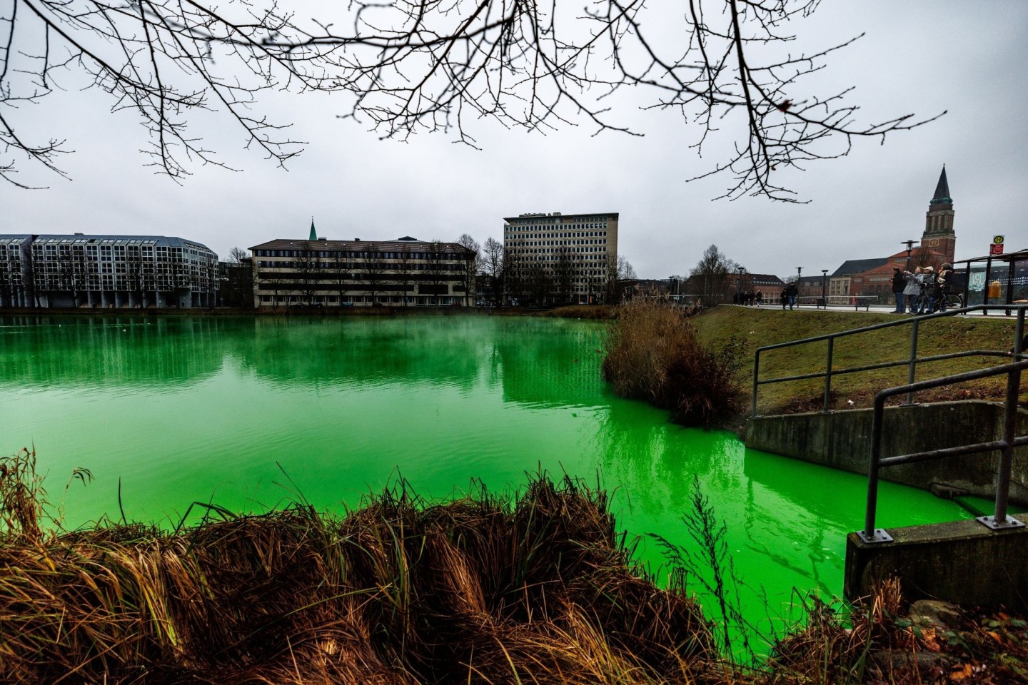Passanten fotografieren den grün gefärbten «Kleinen Kiel».