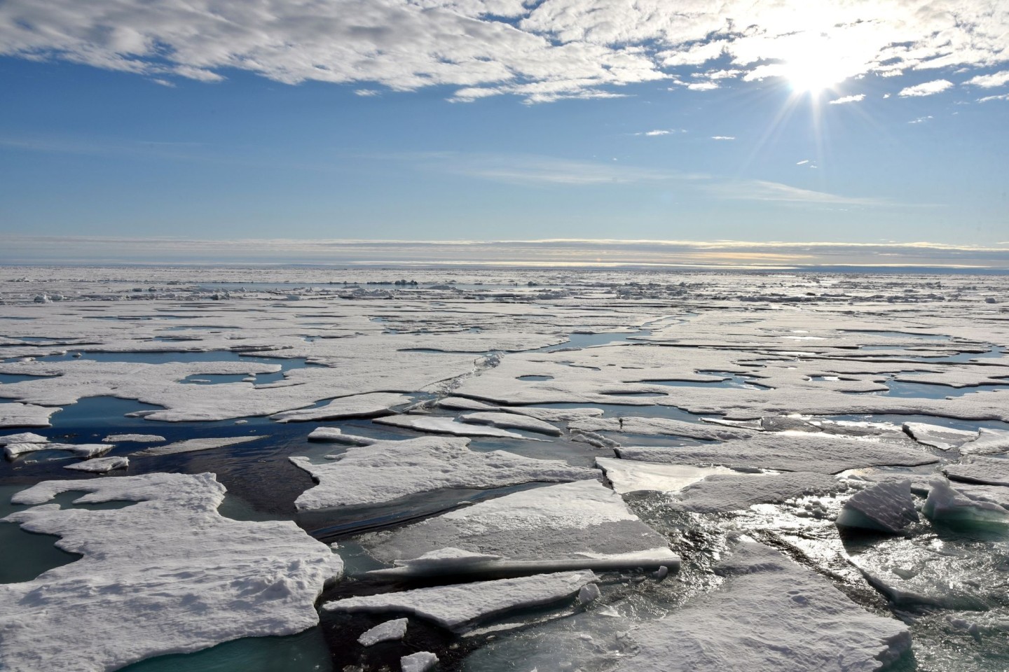 Auf dem Arktischen Ozean am Nordpol schwimmen Eisplatten.
