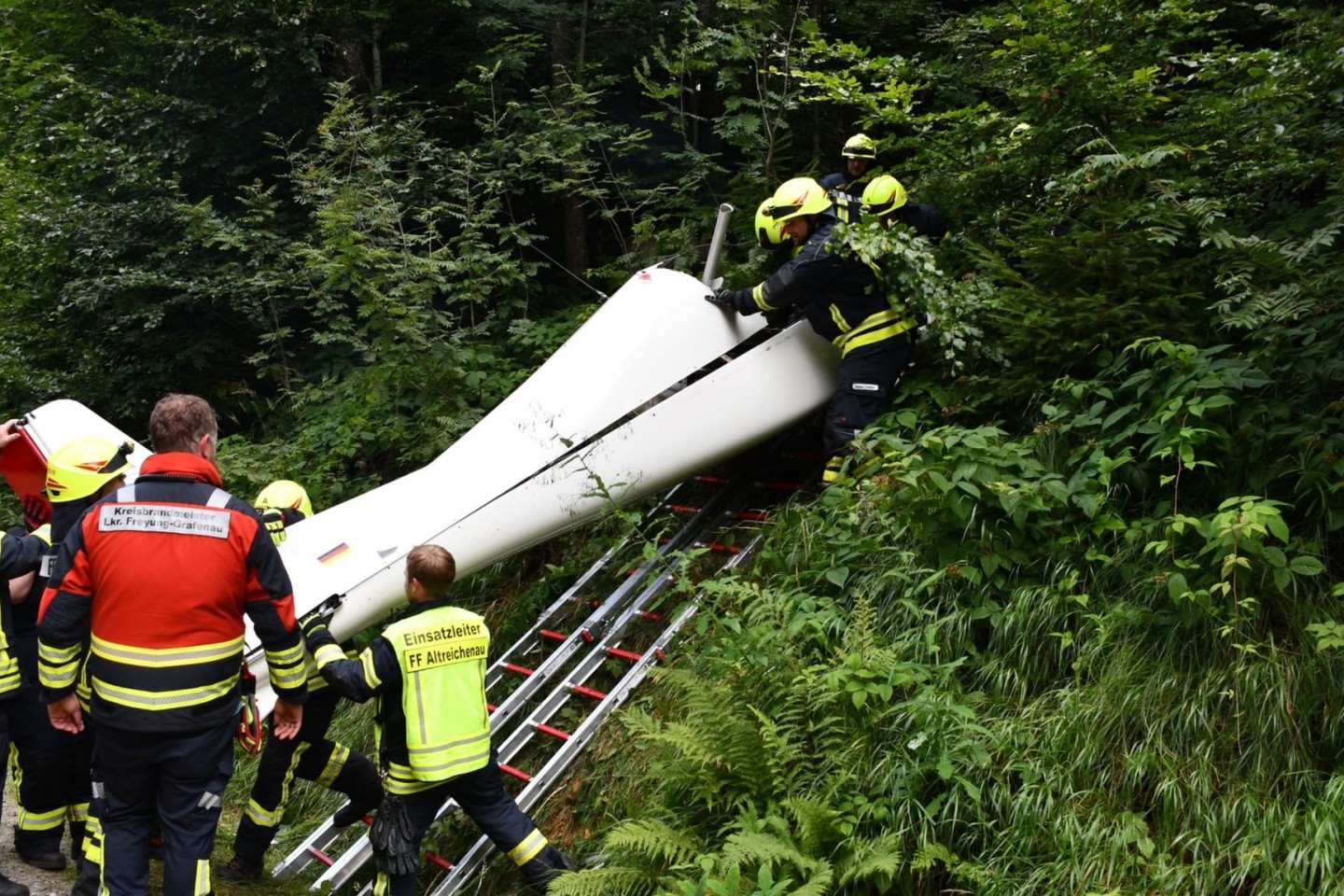 Feuerwehrleute bergen das Wrack des abgestürzten Ultraleichtflugzeugs aus dem Dickicht eines Waldes.