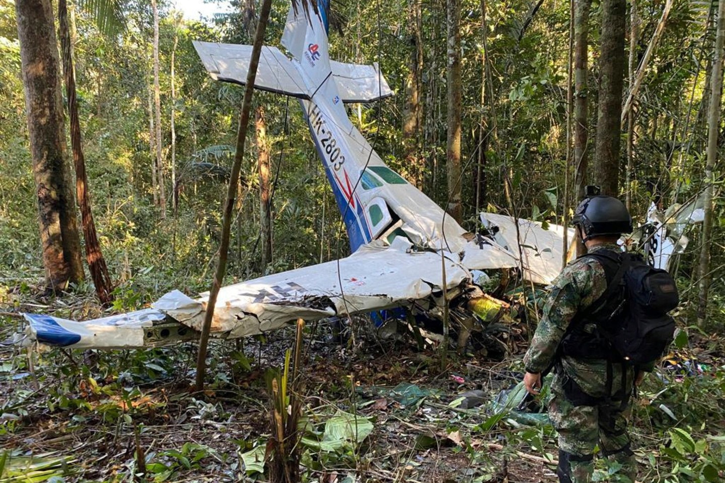 Das Wrack der Cessna C206, die am 18. Mai 2023 im Dschungel von Solano im kolumbianischen Bundesstaat Caqueta abgestürzt ist.