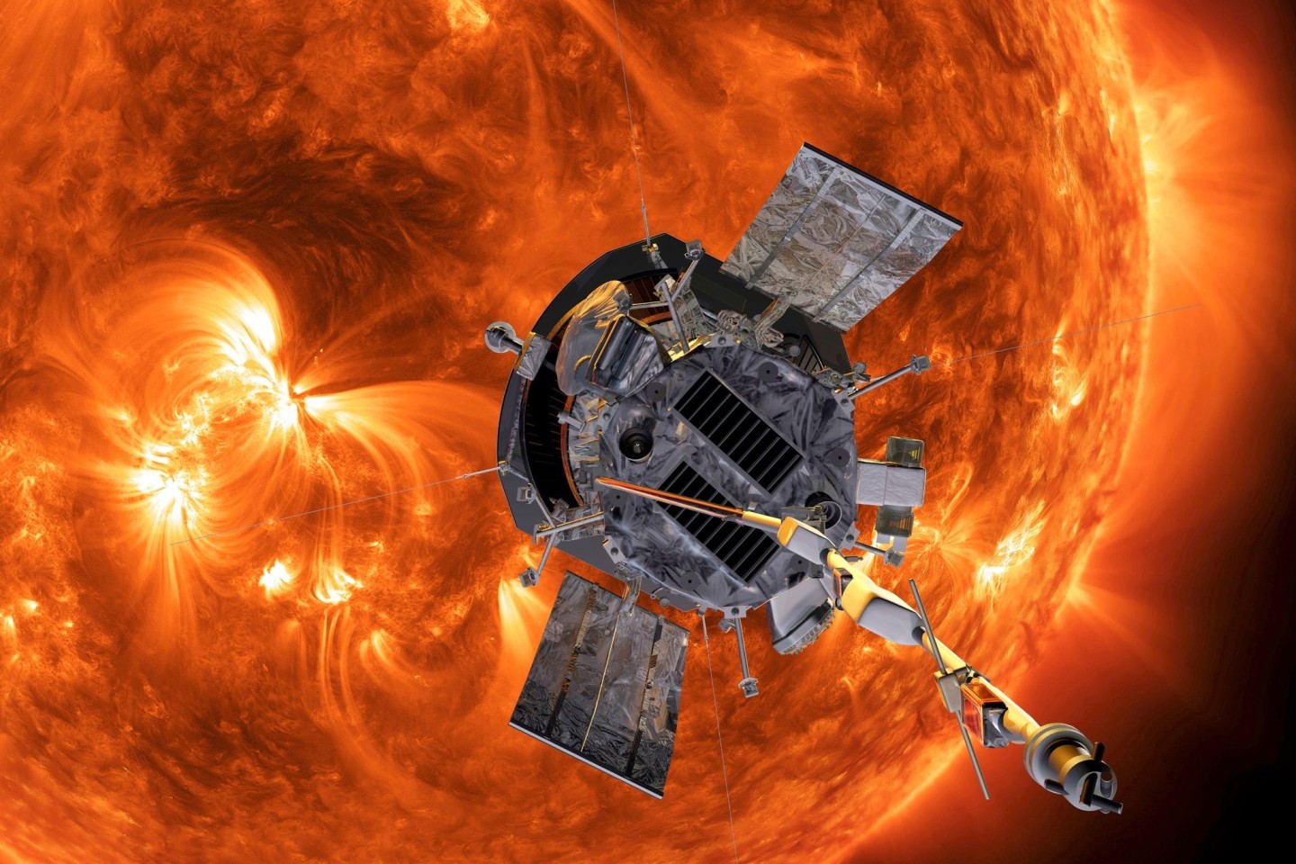 Die Computergrafik zeigt die «Parker Solar Probe»-Sonde der US-Raumfahrtbehörde Nasa auf dem Weg zur Sonne.