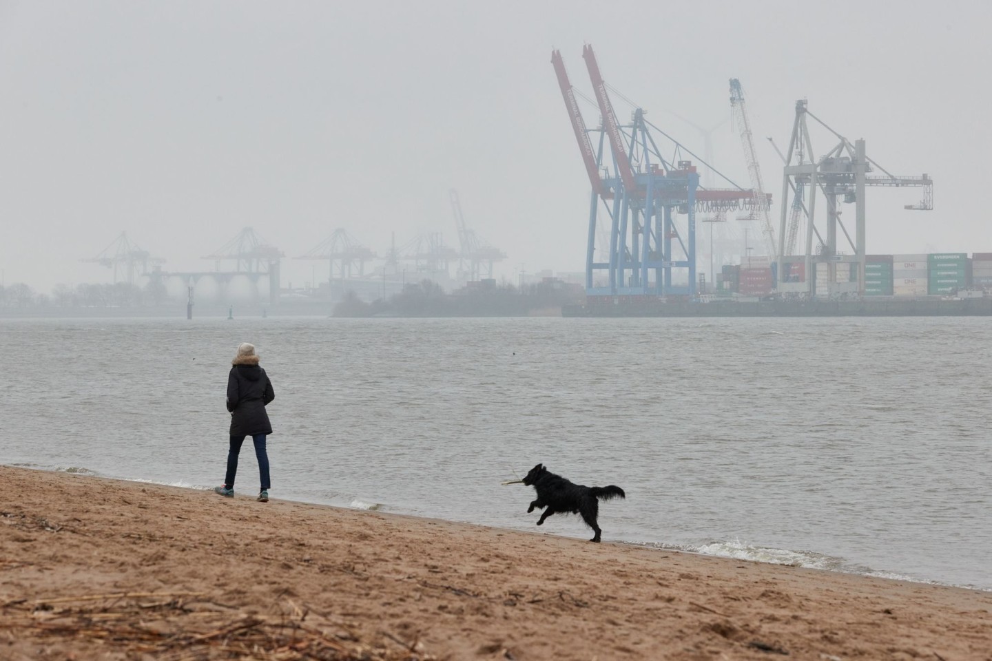 Eine Frau mit Hund geht bei bedecktem Himmel und leichtem Nieselregen am Elbstrand in Hamburg spazieren.