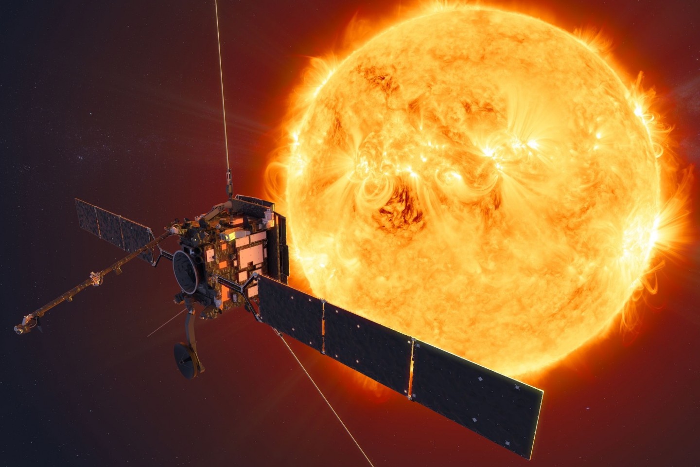 Die Sonde Solar Orbiter vor der Sonne (undatierte Grafik).