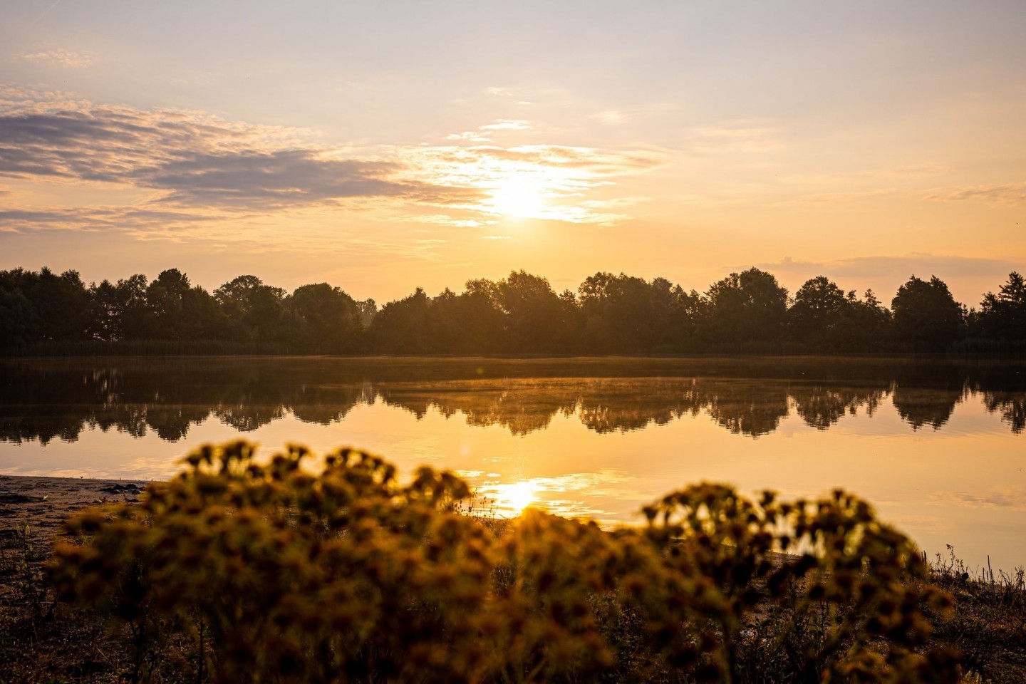 Die Sonne geht am Sonntagmorgen über dem Hufeisensee in der Region Hannover auf.