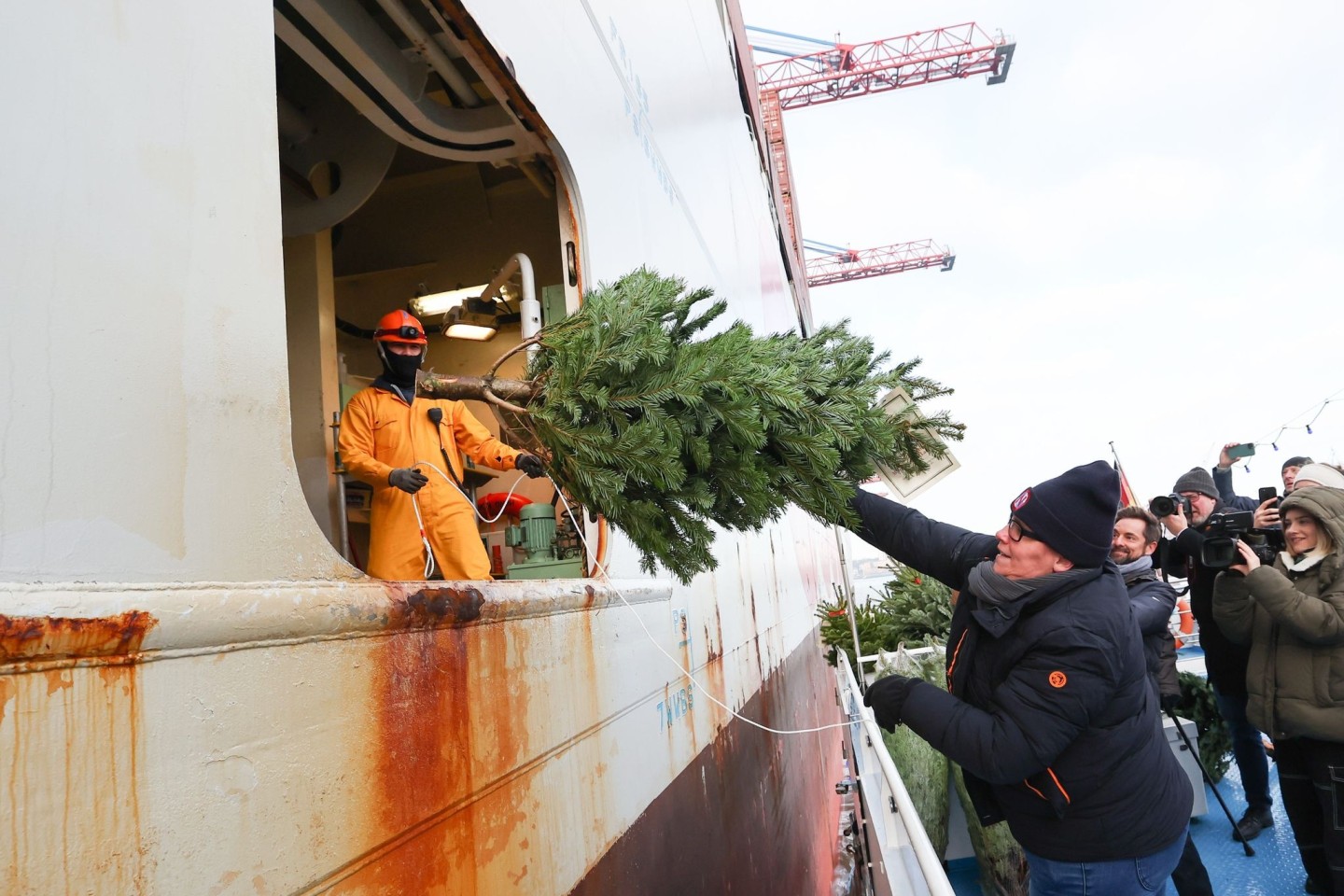Eine Sponsorin wirft einen Weihnachtsbaum zu zwei Seeleuten in die Luke eines Containerschiffes im Hamburger Hafen.